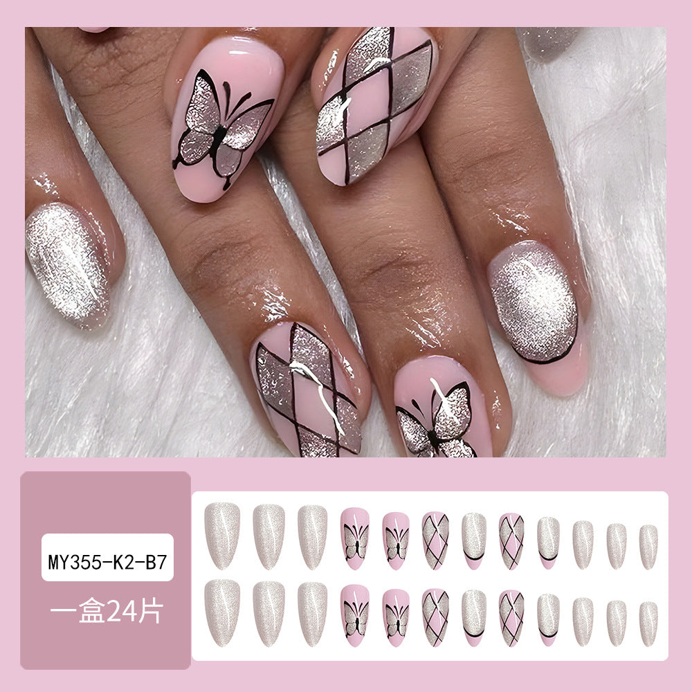 Checker Print & Butterfly Cat Eye Nails, 24 Pieces – close-up detail