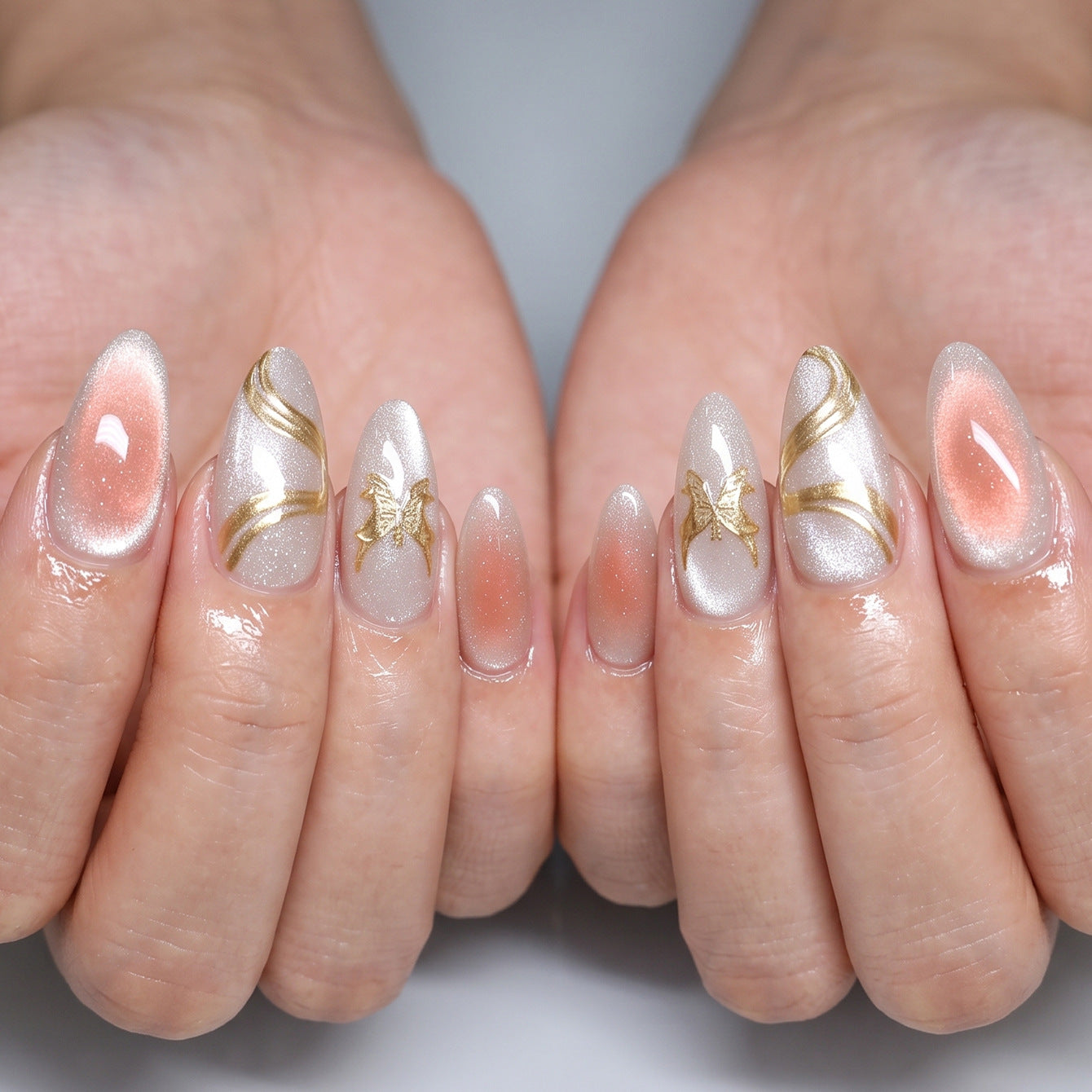 Ombre Gradient & Butterfly Cat Eye Press-On Nails, Medium Almond – front view