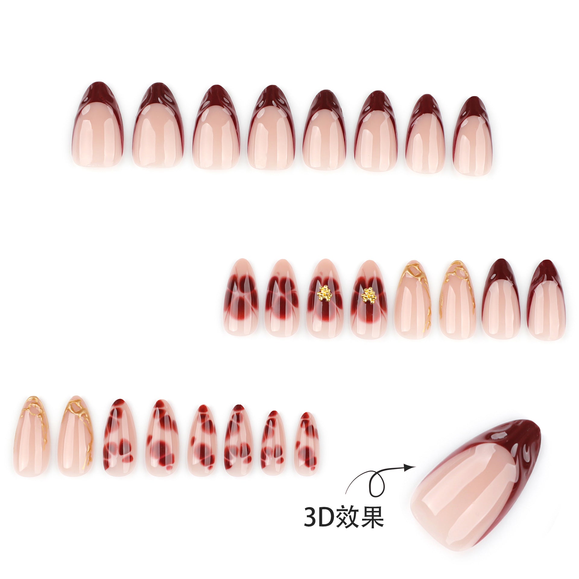 Medium Almond French Tip & Floral Press-On Nail Set (24 Pieces) – close-up detail