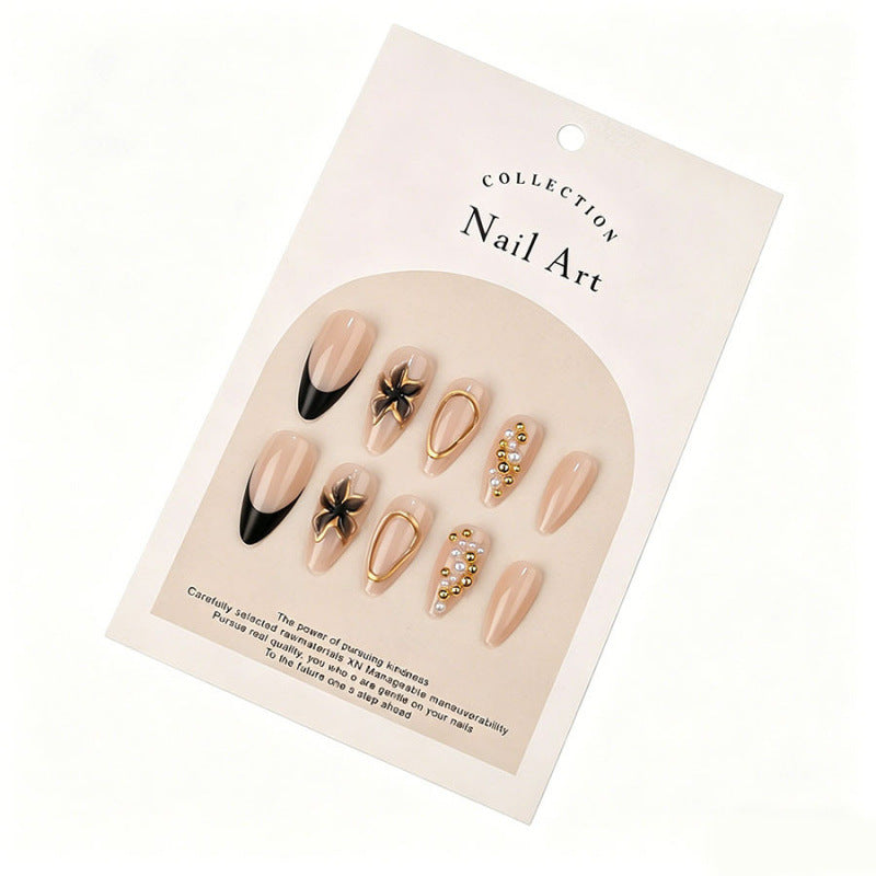 French Tip & Floral French Press-On Nails, Medium Almond – close-up detail
