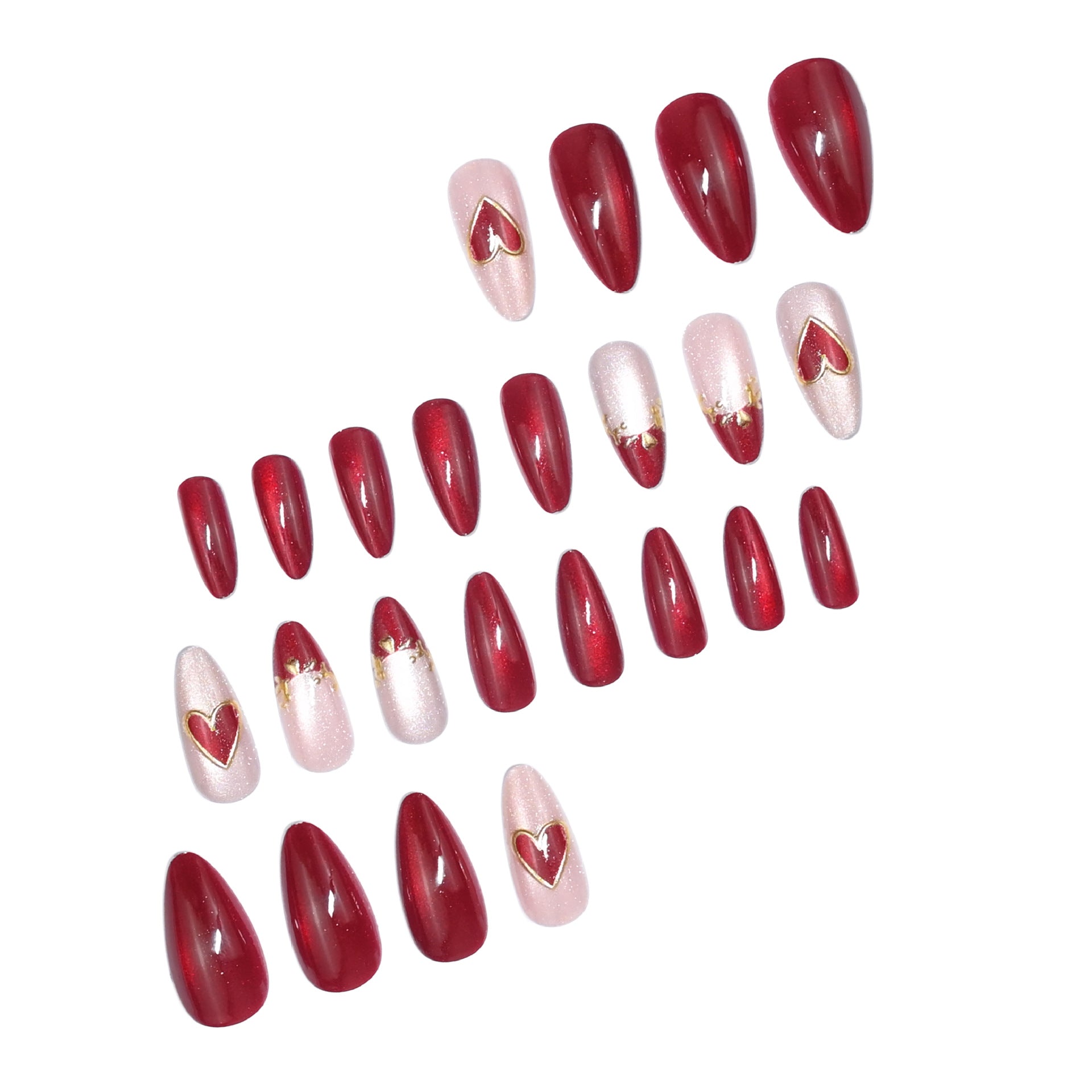 Wine Red & French Tip Cat Eye Press-On Nails, Medium Almond – close-up detail
