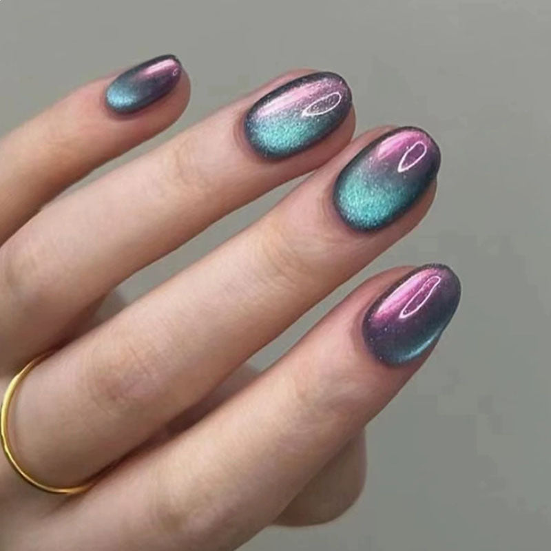 Electroplated Finish & Cat Eye Press-On Nails, Short Almond, 24-Piece Set – front view