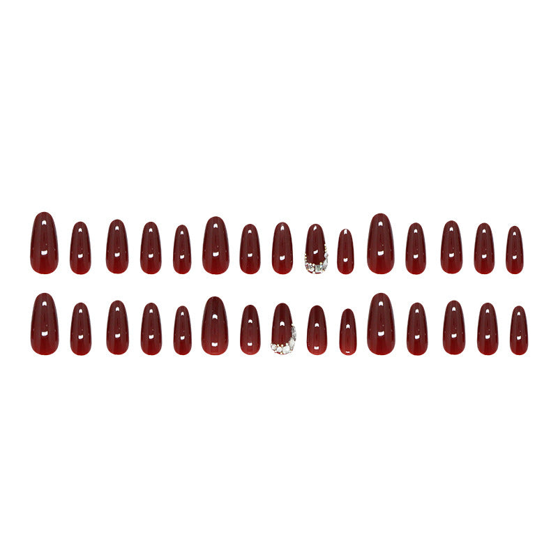 Wine Red & Glitter Press-On Nails, Medium Almond – full set laid out