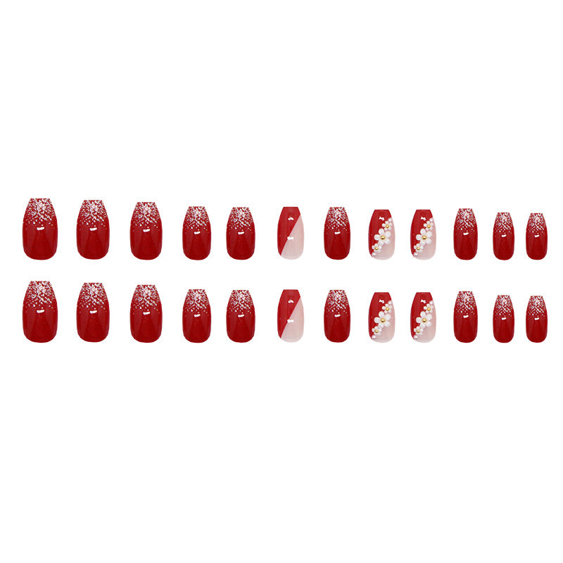 Wine Red & Floral Press-On Nails, Medium Ballerina – full set laid out