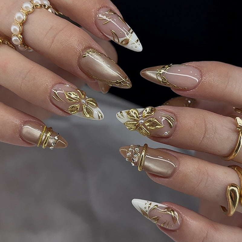 Gold-Plated & Floral French Nails, 30 Pieces – front view