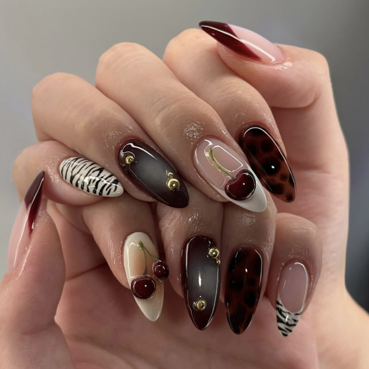 Cherry & French Tip French Nails, 24 Pieces – front view