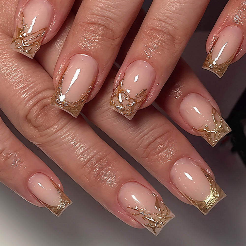 Gold-Plated & Striped Gel Press-On Nails, 24 Pieces – front view