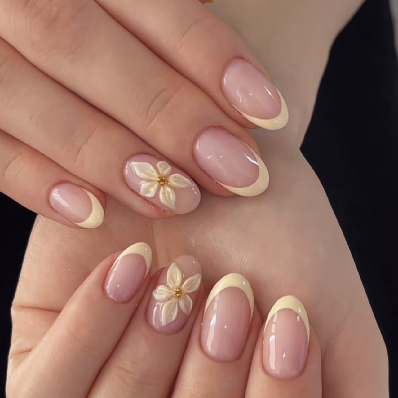 Short Almond French Tip & Floral Press-On Nail Set (24 Pieces) – front view