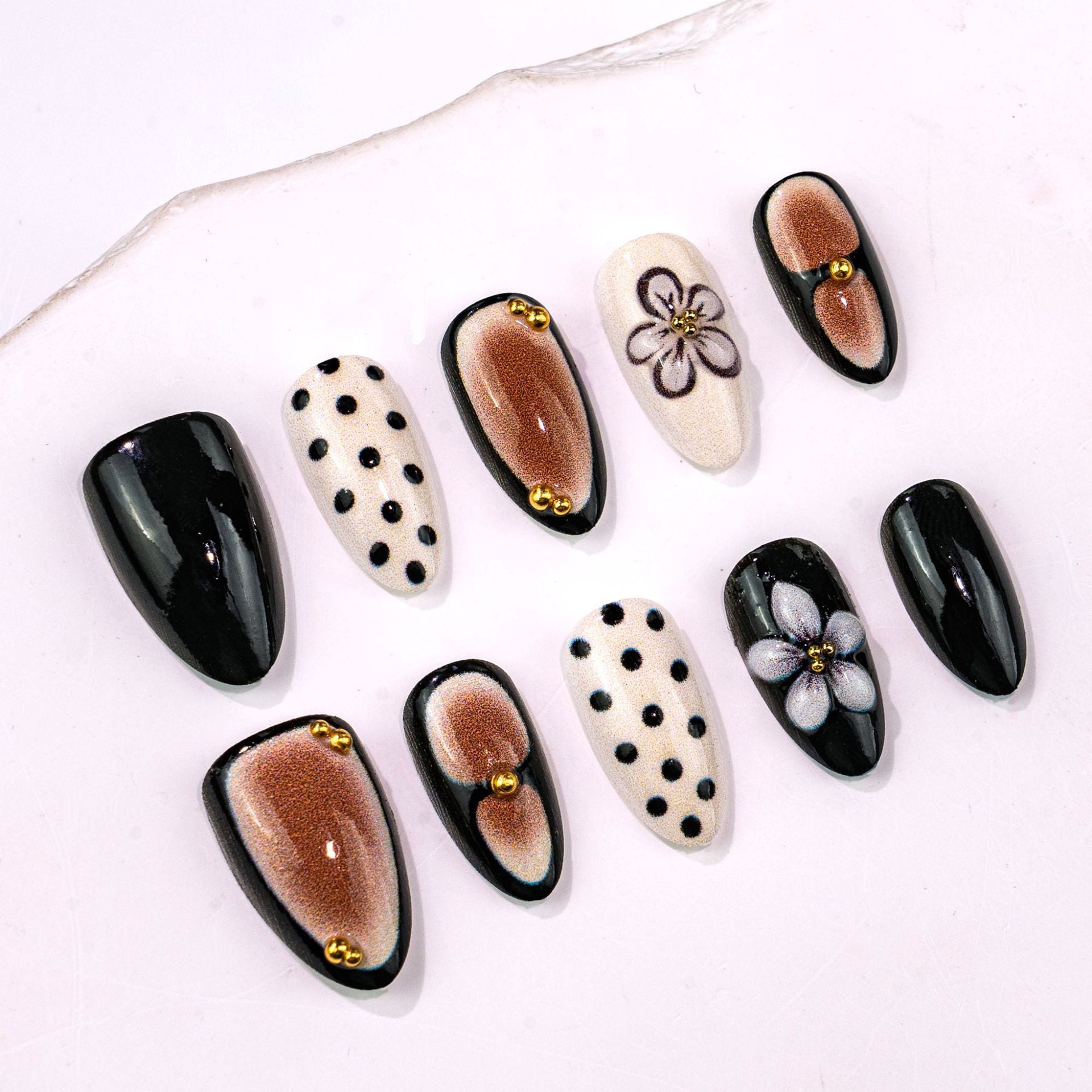 Polka Dot & Floral Press-On Nails, Short Almond – close-up detail