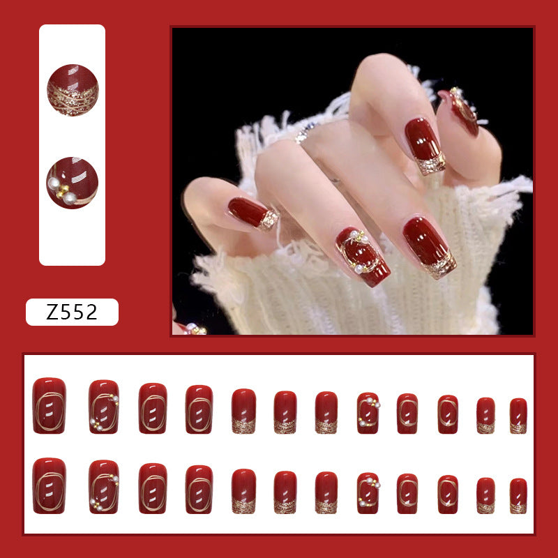 Wine Red & Diamond Accent French Press-On Nails, Medium Square – close-up detail
