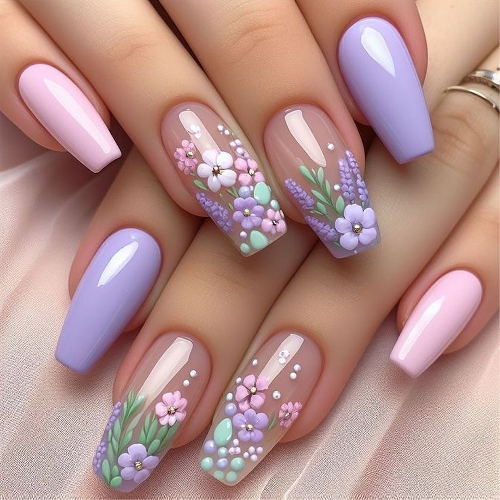 Floral & Embossed Texture Press-On Nails, Short, 24-Piece Set – front view