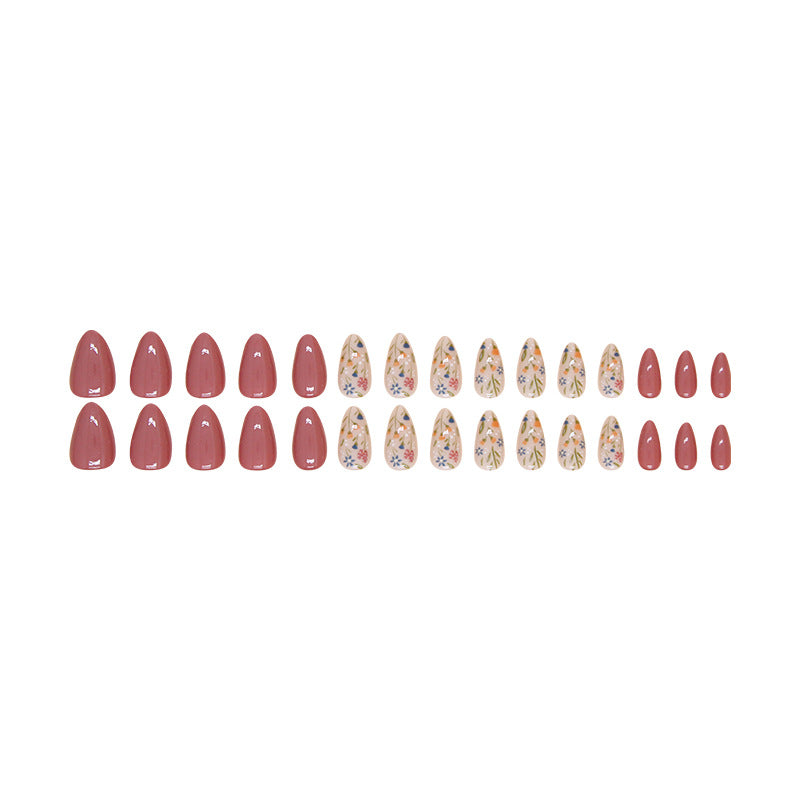 Floral Almond Press-On Nails, Short Almond – full set laid out
