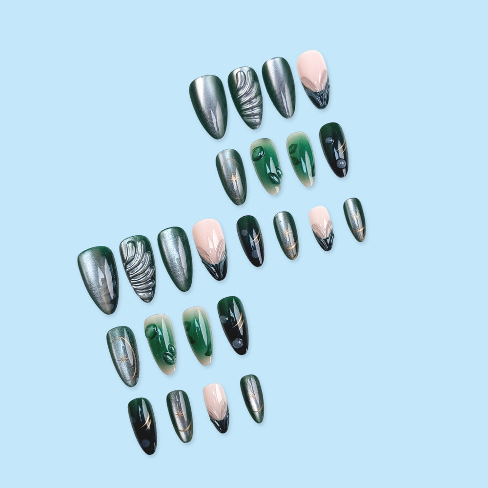 Leaf Motif & Cat Eye French Nails, Medium Almond, 24 Pieces – side angle
