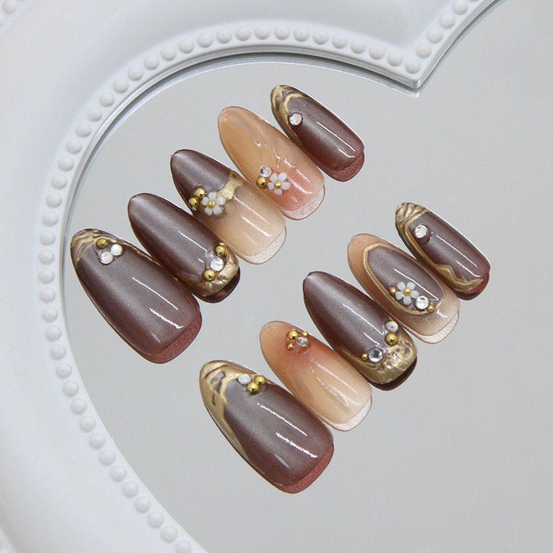Gold-Plated & Cat Eye Glitter Nails, Medium Almond, 30 Pieces – side angle