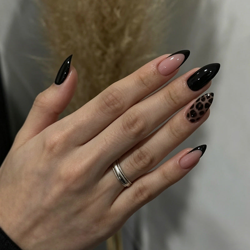 French Tip & Leopard Print Press-On Nails, Almond, 24-Piece Set – front view