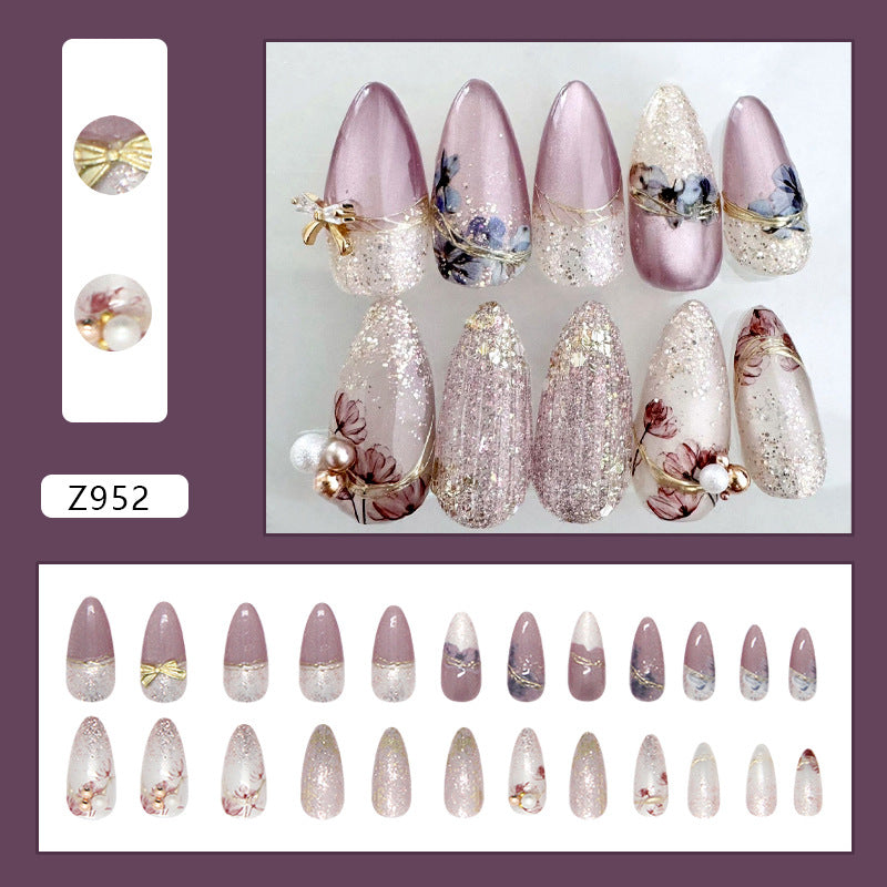 Pearl Detail & Bowknot Press-On Nails, Medium Almond – close-up detail