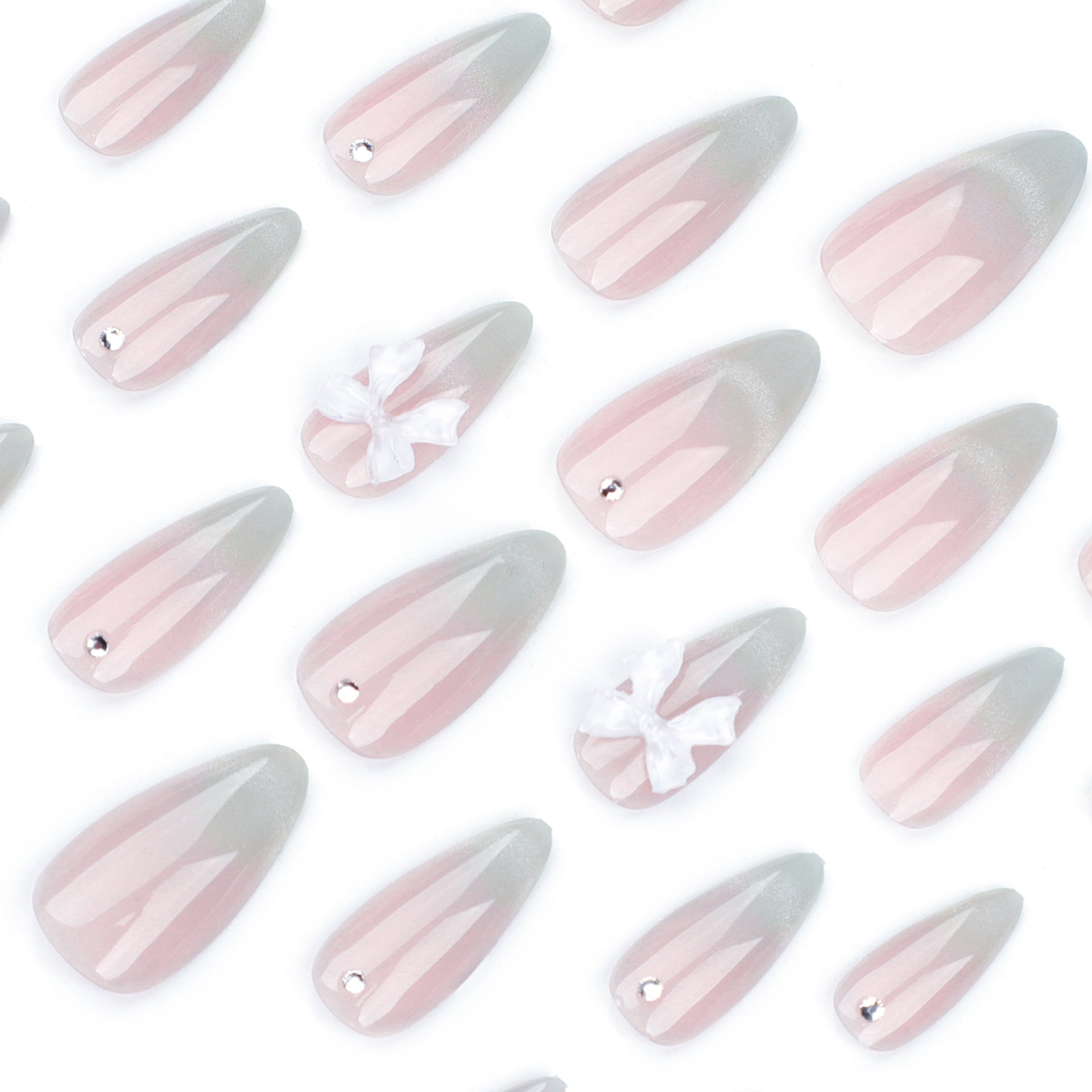 Bowknot & Cat Eye Nails, Medium Almond, 24 Pieces – side angle