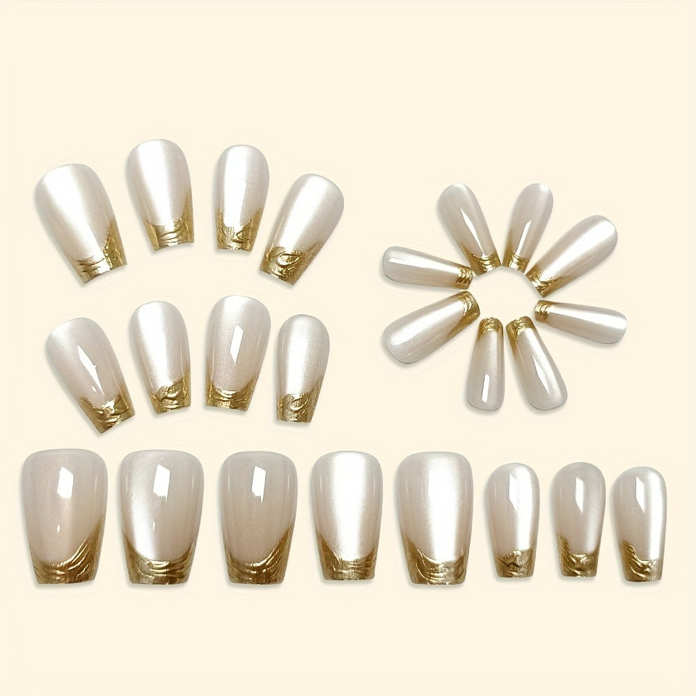 Gold Foil & French Tip Press-On Nails, Medium Ballerina – close-up detail