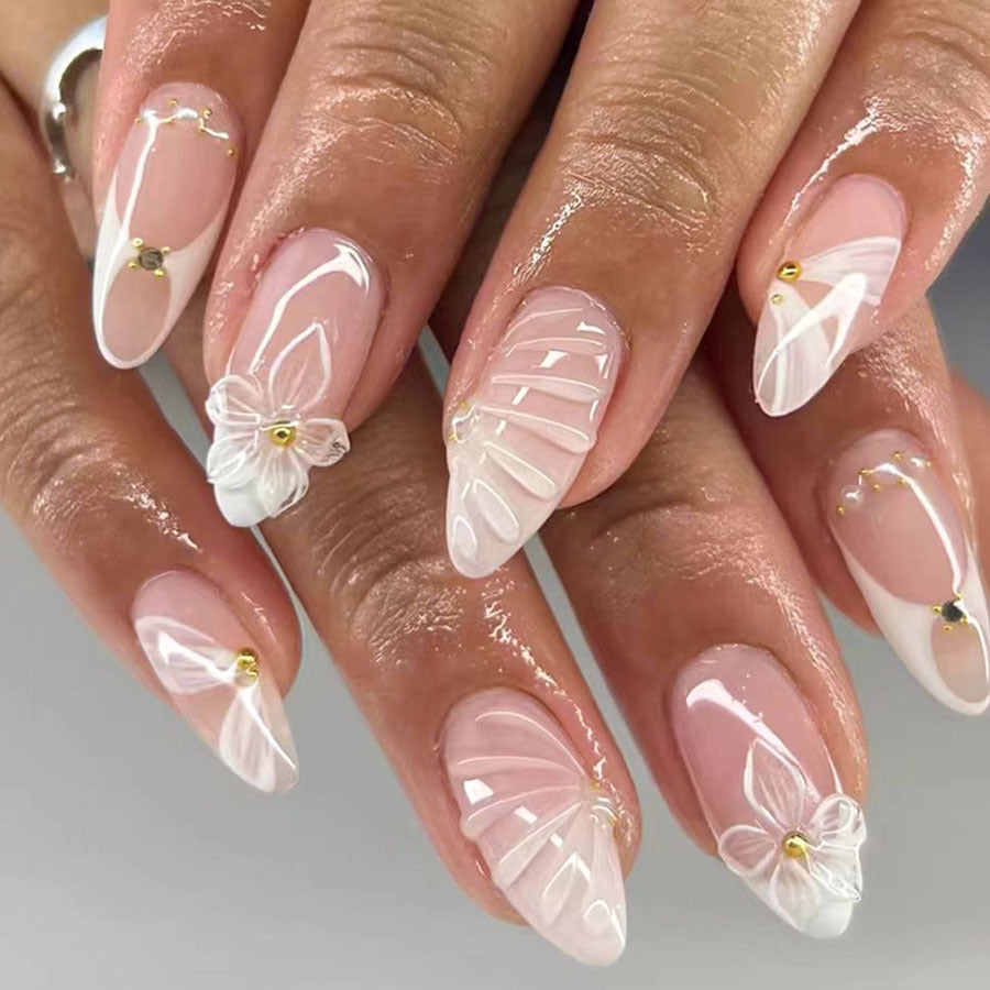3D Flower & Floral Almond Nails, 24 Pieces – front view