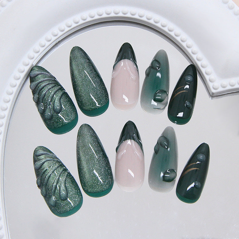 Corrugated Texture & French Tip Cat Eye Press-On Nails, Medium Almond on hand