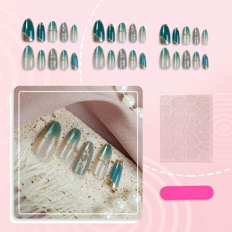Emerald Green & Gemstone Cat Eye Press-On Nails, Medium – side angle