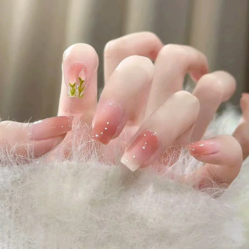 Ombre Gradient & Floral Press-On Nails, Short – front view