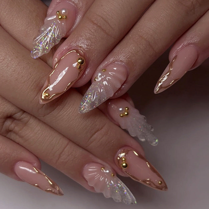 Pearl Detail Almond Press-On Nails – front view