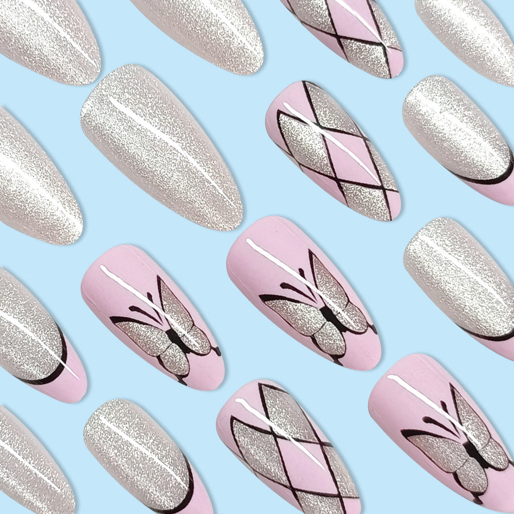 Checker Print & Butterfly Cat Eye Nails, 24 Pieces – side angle