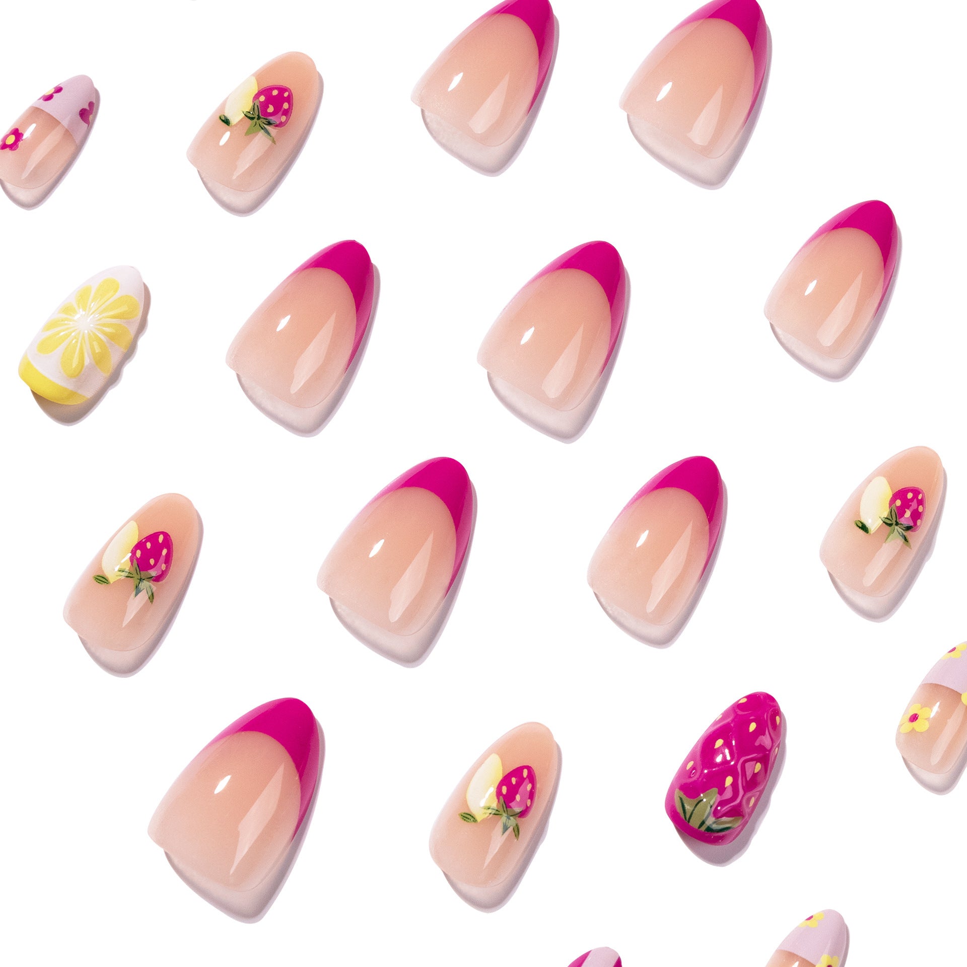 Short Almond Strawberry & Striped Press-On Nail Set (24 Pieces) – side angle
