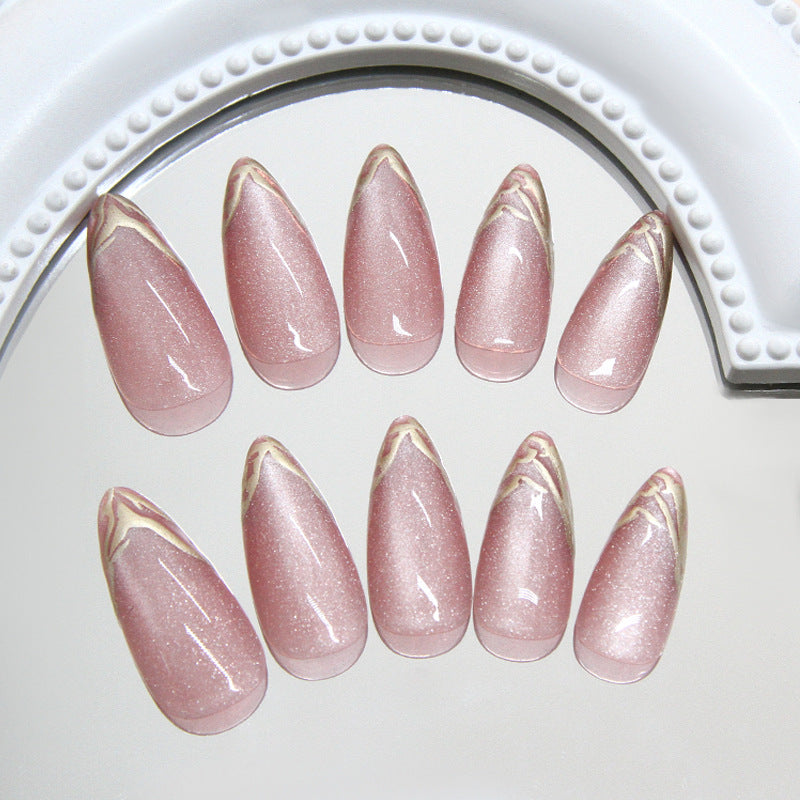 Medium Almond Cat Eye & Abstract Line Press-On Nail Set (24 Pieces) on hand