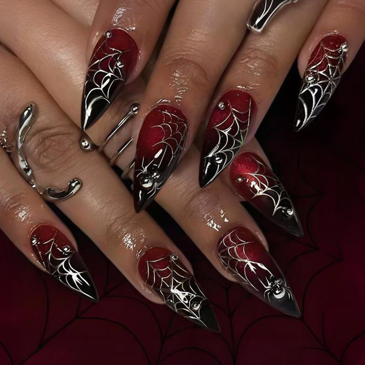 Halloween & Spiderweb French Nails, Long, 24 Pieces – front view