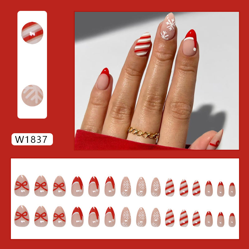 French Tip & Bowknot Press-On Nails, Short Almond – close-up detail