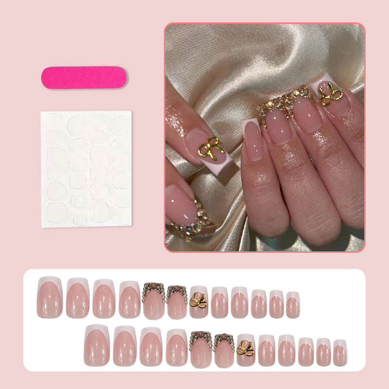 French Tip & Diamond Accent French Press-On Nails, Short – close-up detail