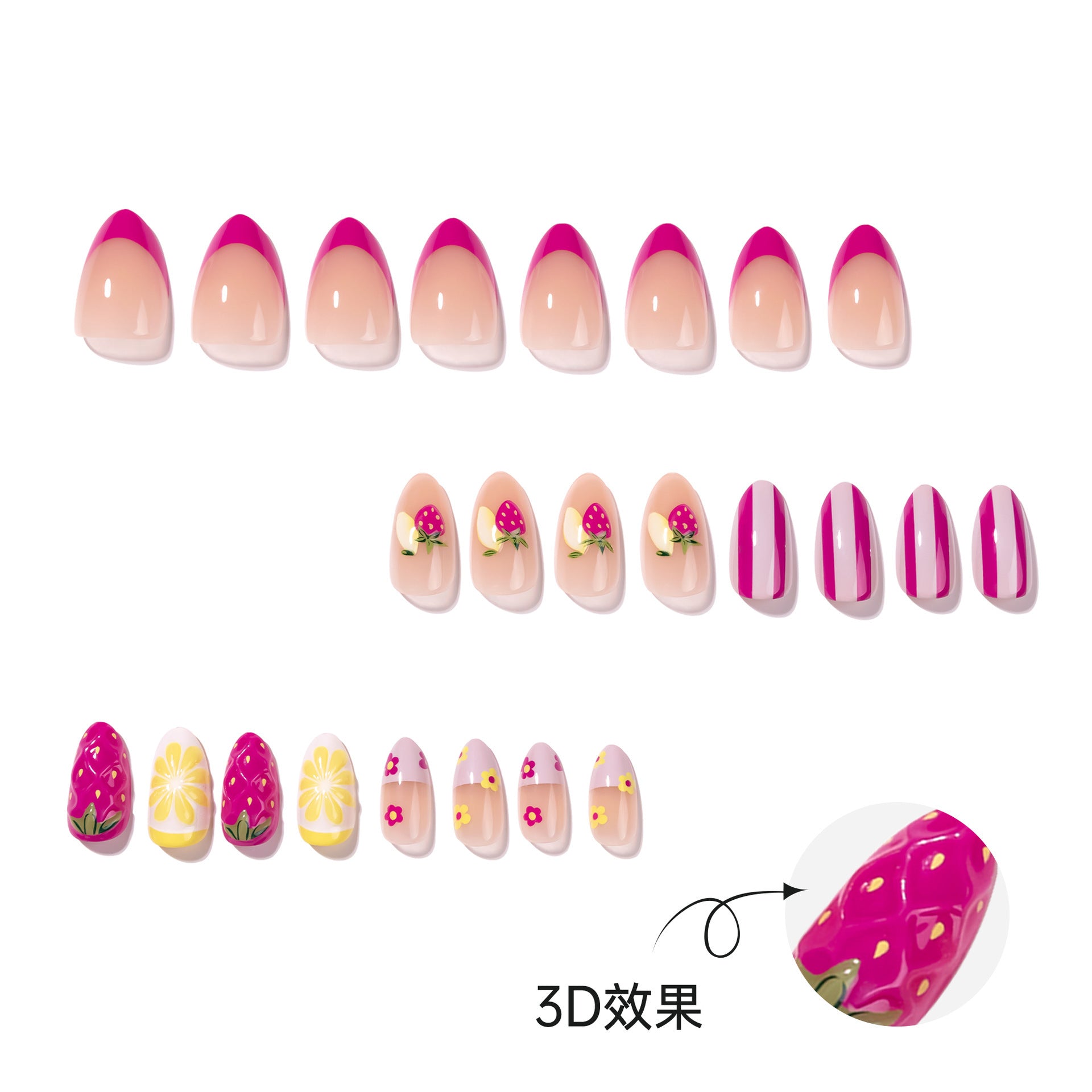 Short Almond Strawberry & Striped Press-On Nail Set (24 Pieces) – close-up detail