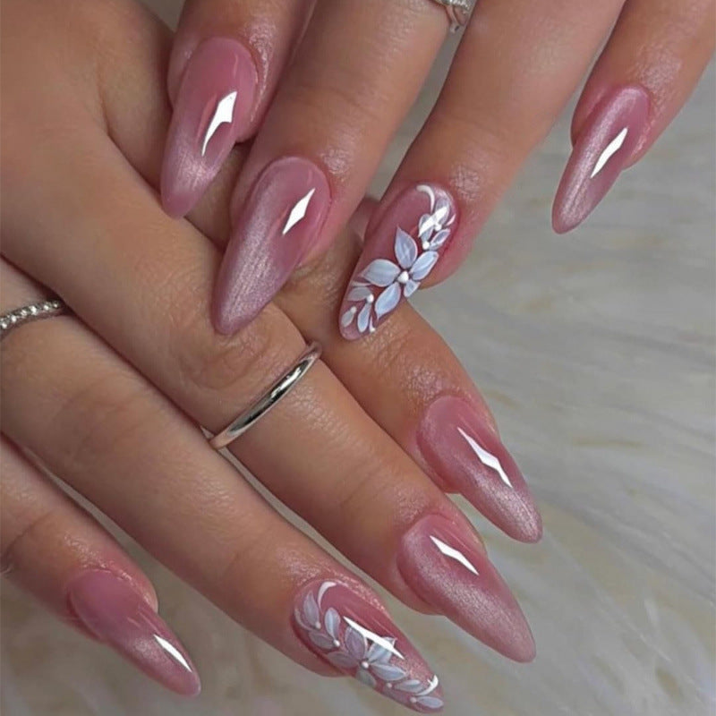 Cat Eye & French Tip Cat Eye Press-On Nails, Medium Almond – front view