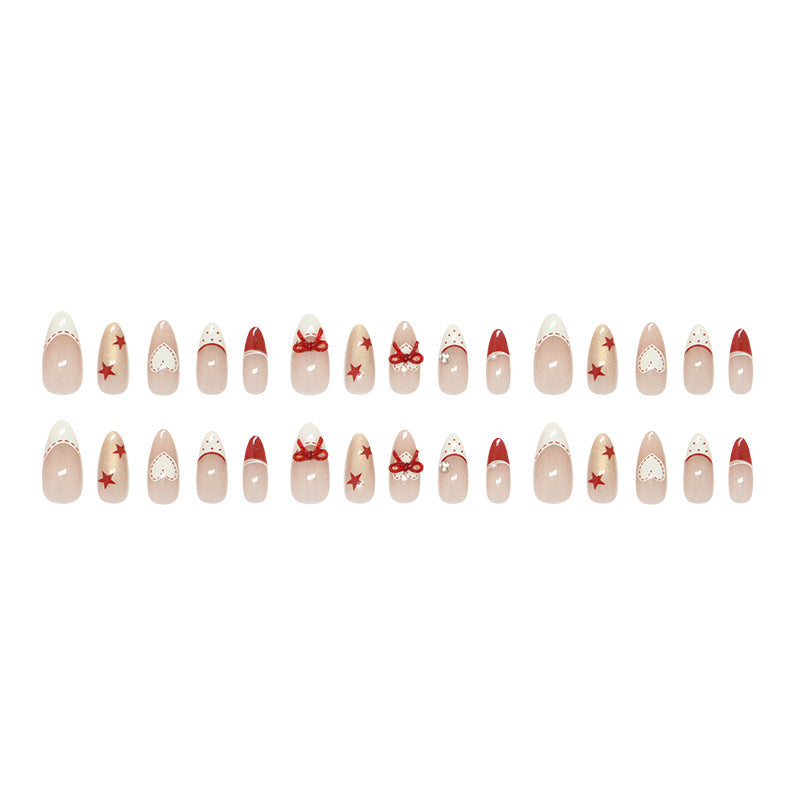 Medium Almond Bowknot & Polka Dot Press-On Nail Set (30 Pieces) – full set laid out