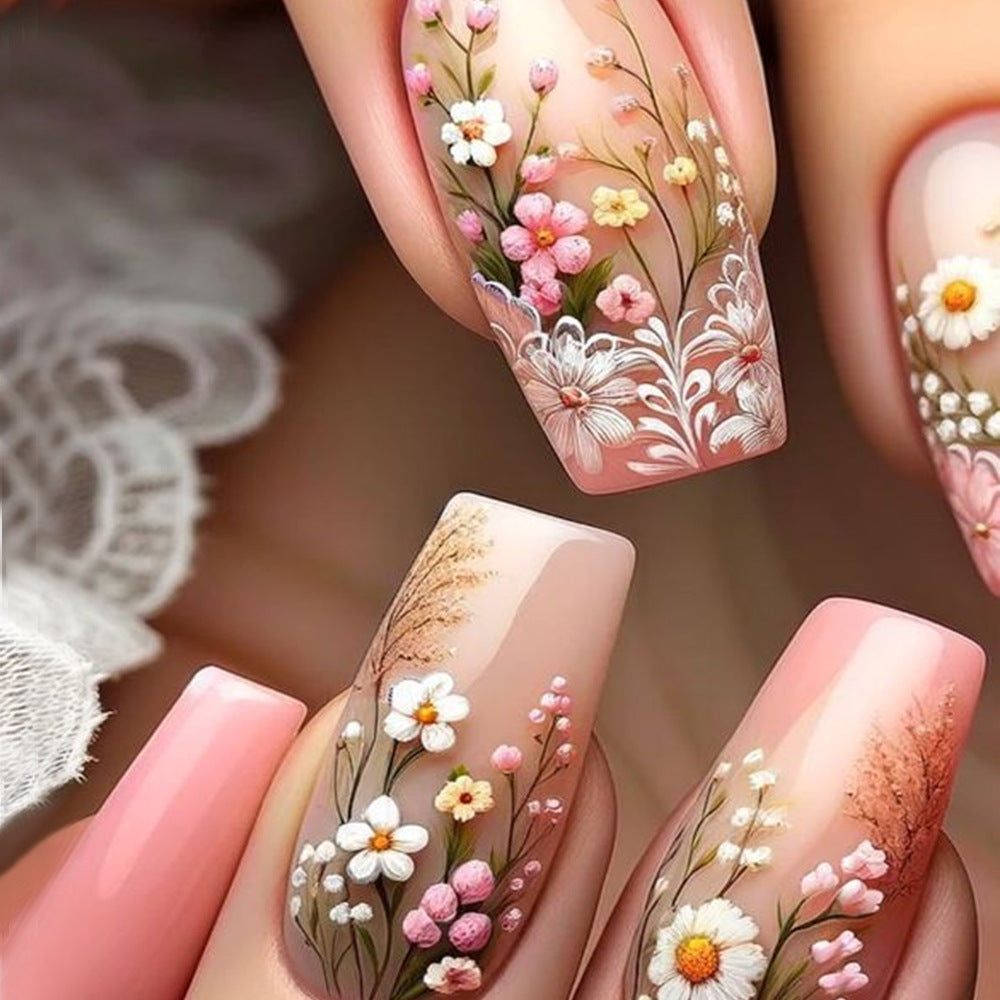 Floral Press-On Nails, Short – side angle