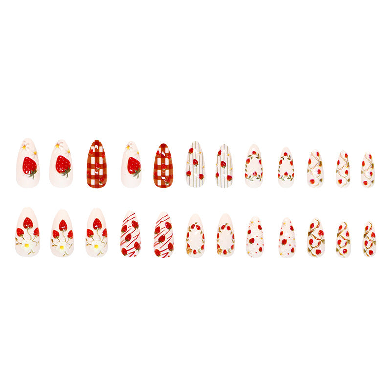 Strawberry Press-On Nails, Medium Almond, 24-Piece Set – full set laid out