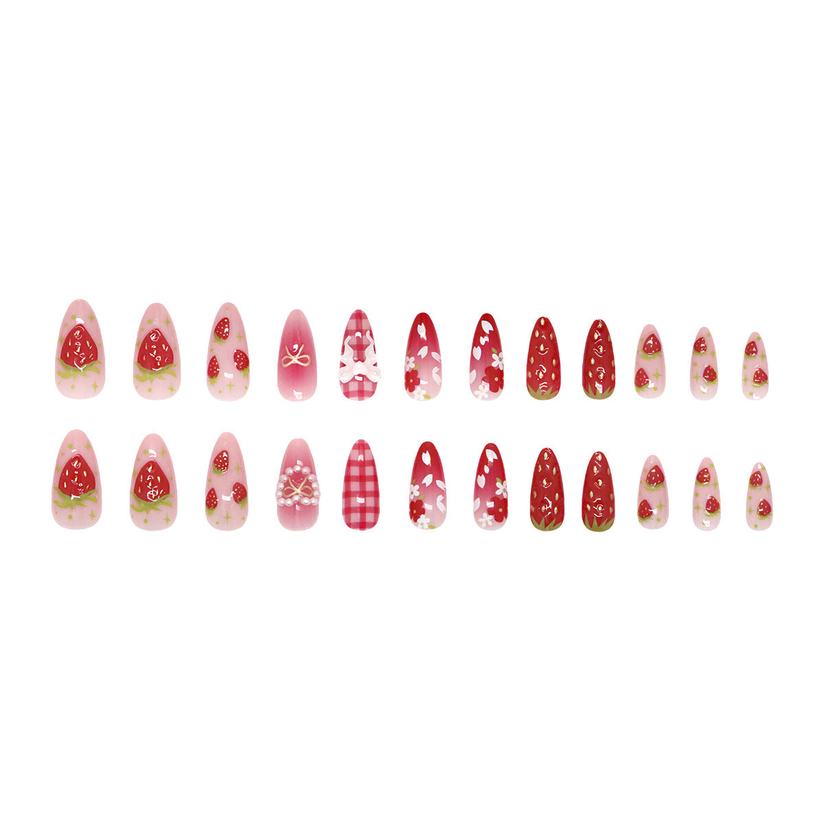 Strawberry & Pearl Detail Almond Nails, Medium Almond, 24 Pieces – full set laid out