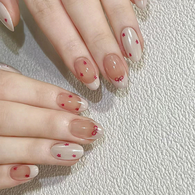 French Tip & Bowknot Press-On Nails, Short – front view