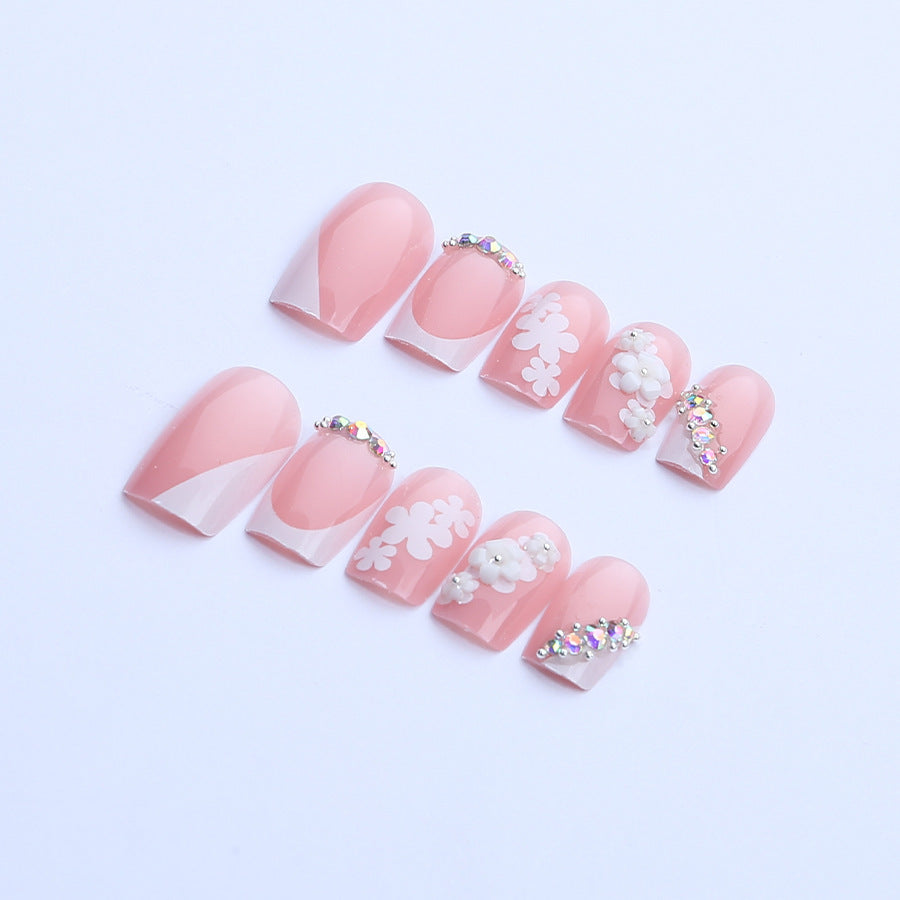 French Tip & Floral Press-On Nails – close-up detail
