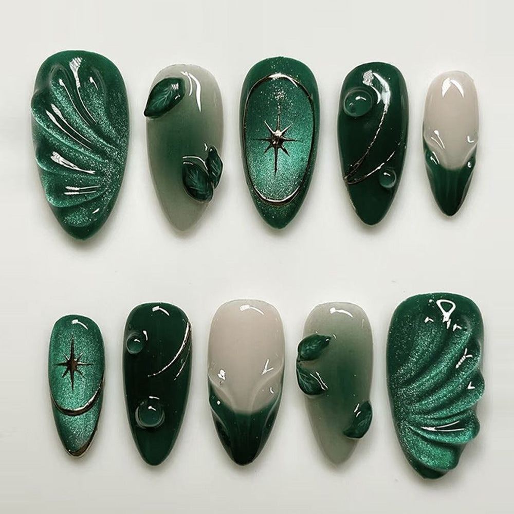 Leaf Motif & Cat Eye French Nails, Medium Almond, 24 Pieces – front view