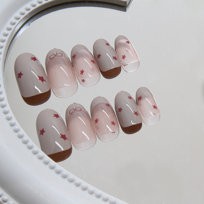 French Tip & Bowknot Press-On Nails, Short – side angle