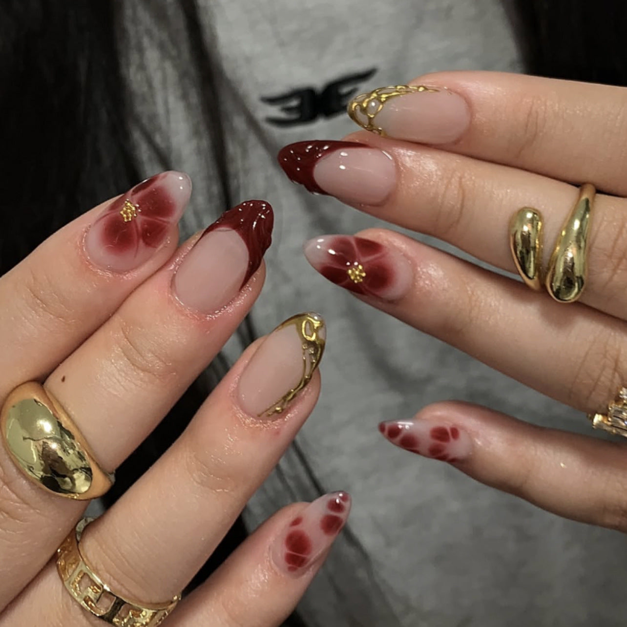 Medium Almond French Tip & Floral Press-On Nail Set (24 Pieces) – front view