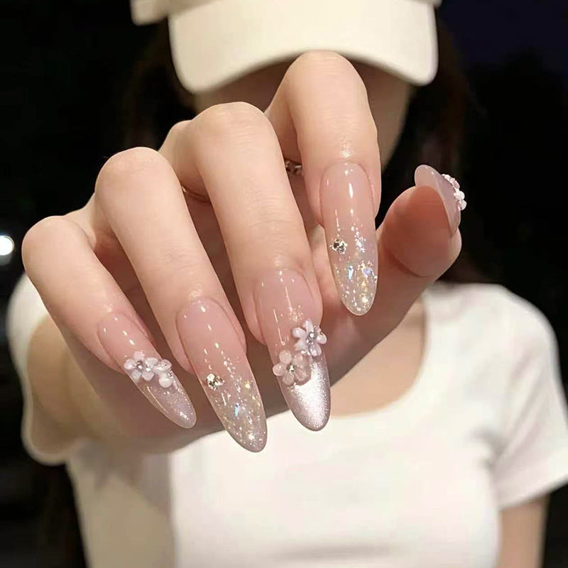 Cat Eye & French Tip Cat Eye Press-On Nails, Long Almond – front view