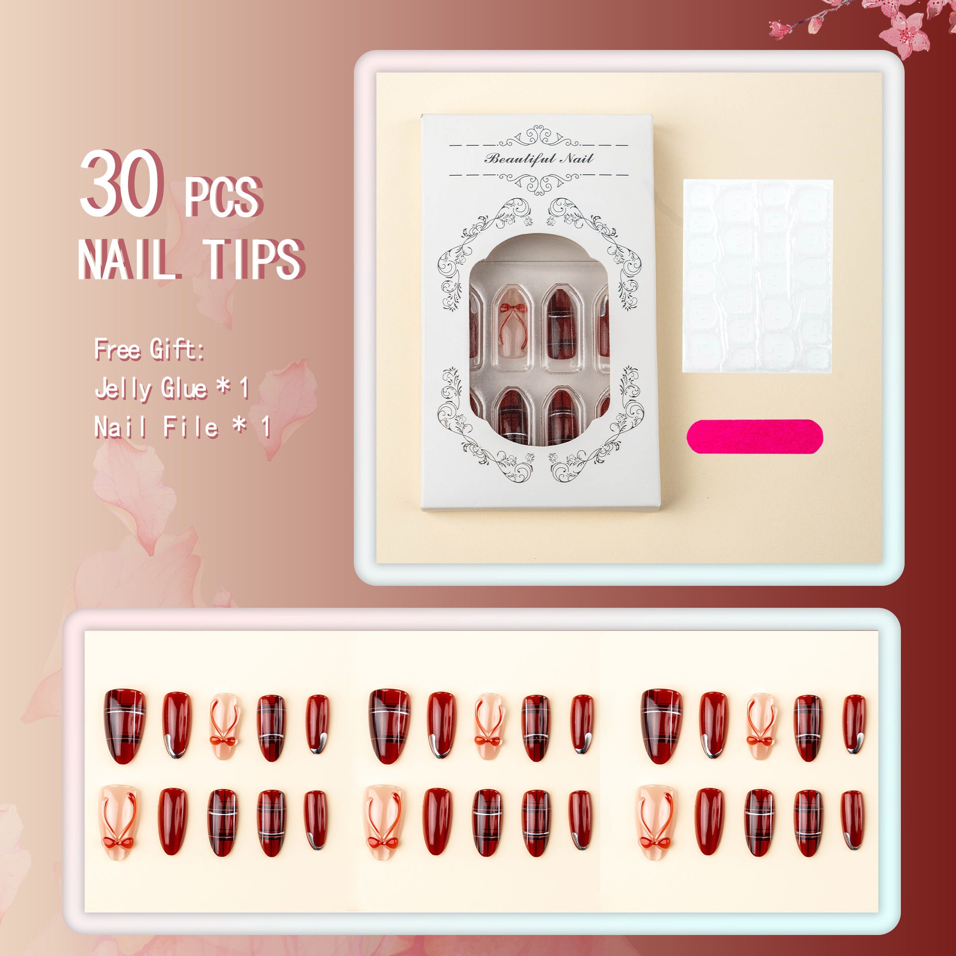 Valentine's Day & Bowknot Press-On Nails, 30-Piece Set on hand