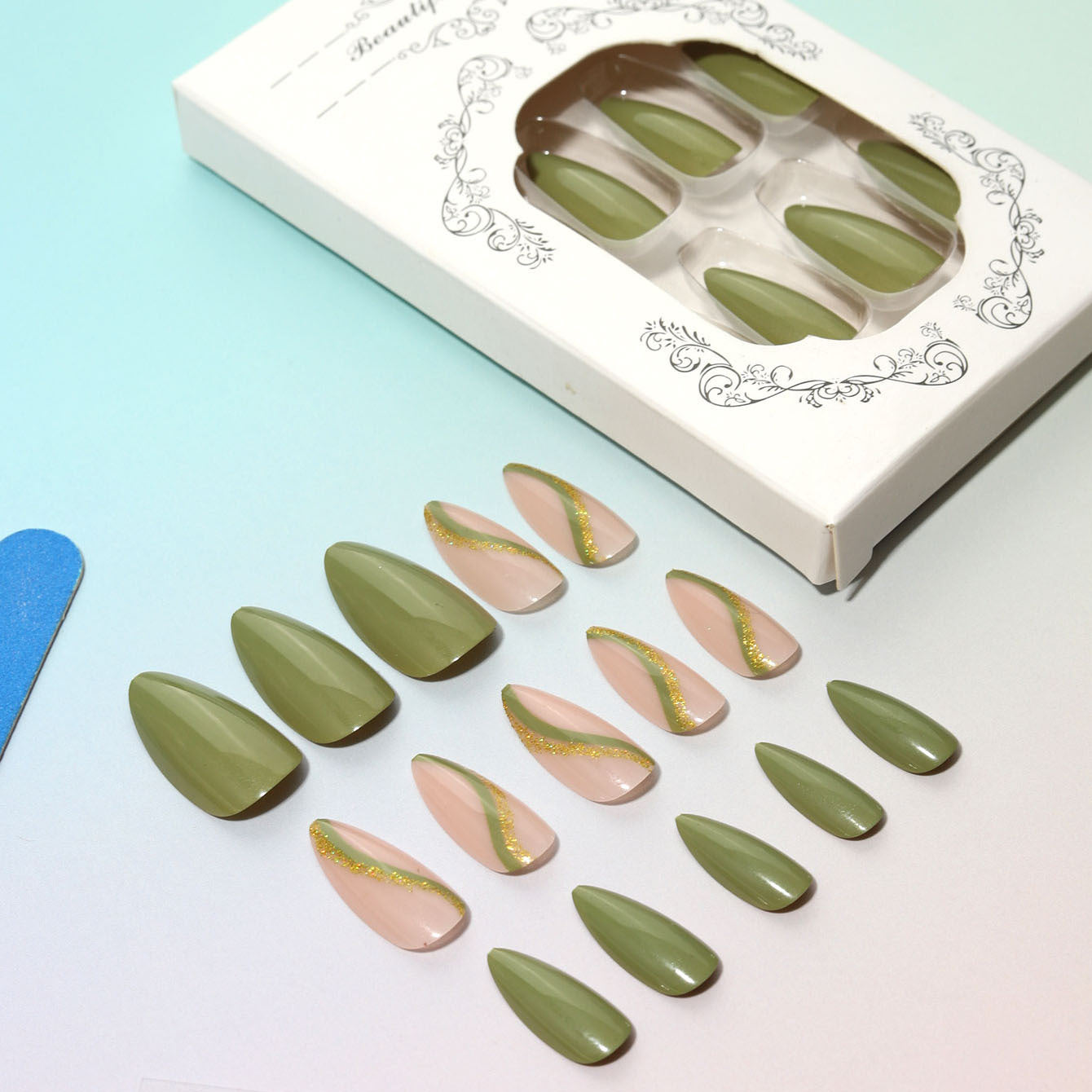 Color-Block Stitching Press-On Nail Set (24 Pieces) – close-up detail