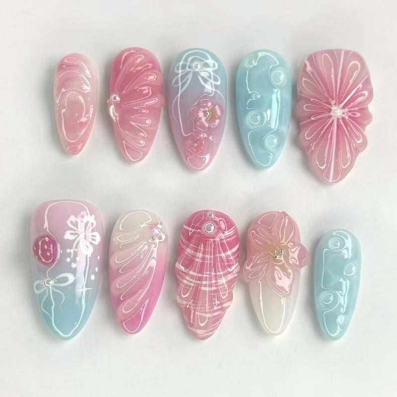 Corrugated Texture & Bowknot Press-On Nails, Medium Almond – front view