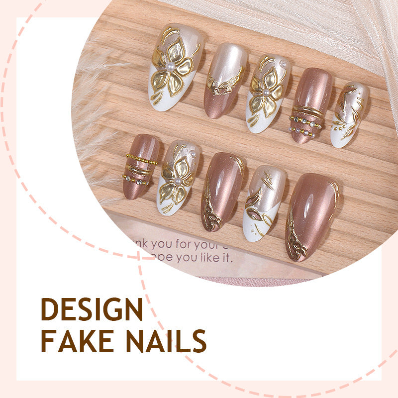 Gold-Plated & Floral French Nails, 30 Pieces – side angle