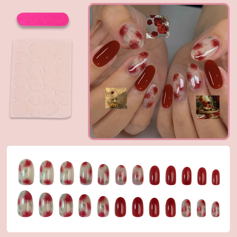French Tip & Rose French Press-On Nails – close-up detail